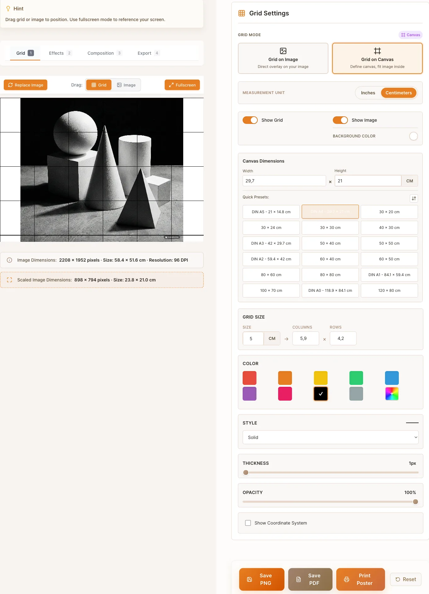 Grid on Canvas mode in the free online grid maker with a DIN A4 preset and a fitted reference photo