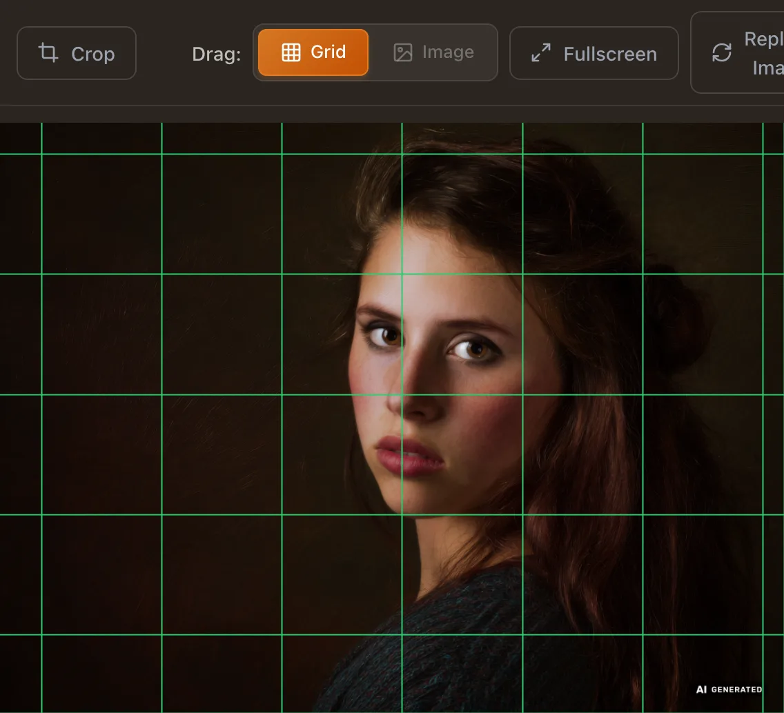 A portrait with the drawing grid dragged so a line sits at eye level, the Drag Grid toggle active in the toolbar, dark theme
