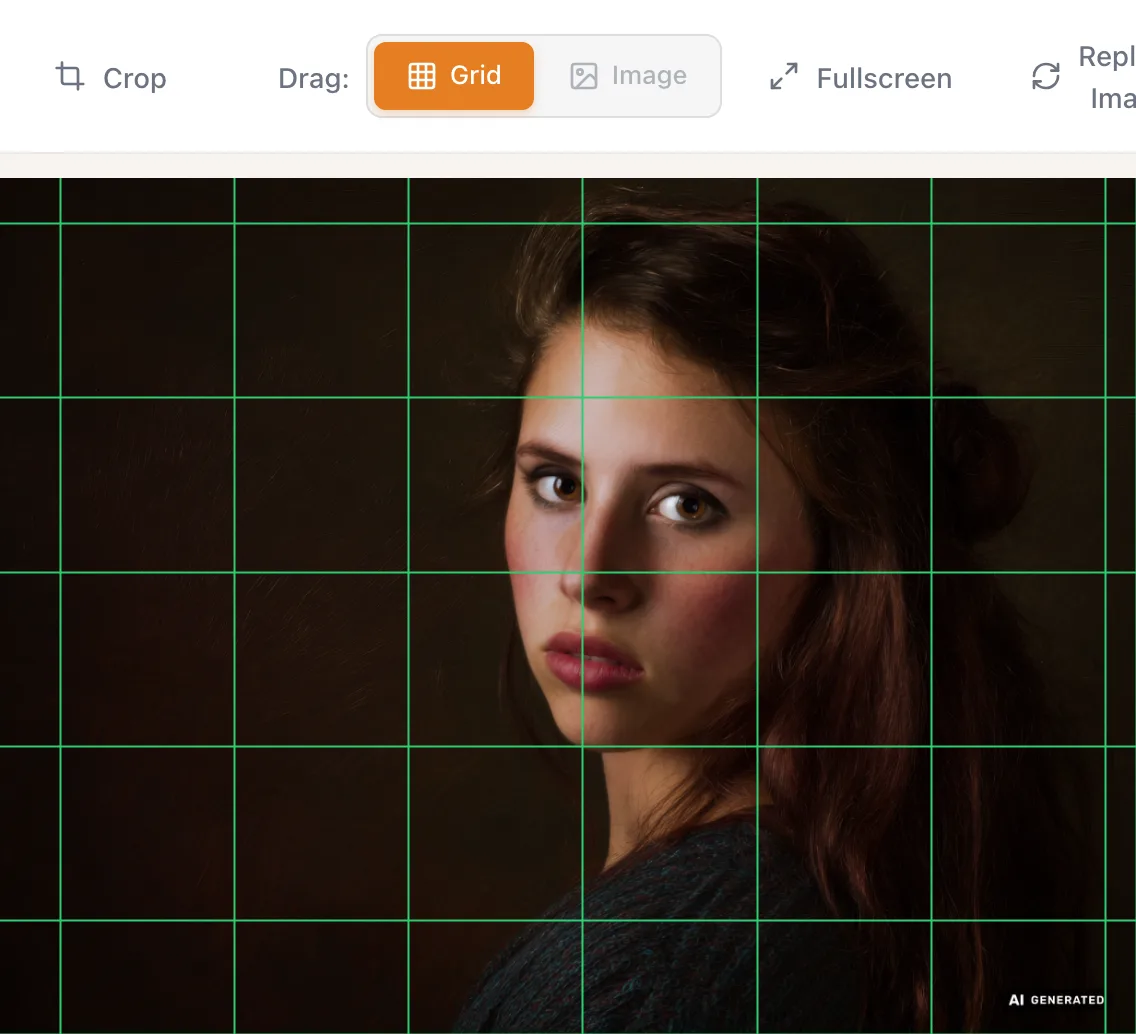 A portrait with the drawing grid dragged so a line sits at eye level, the Drag Grid toggle active in the toolbar