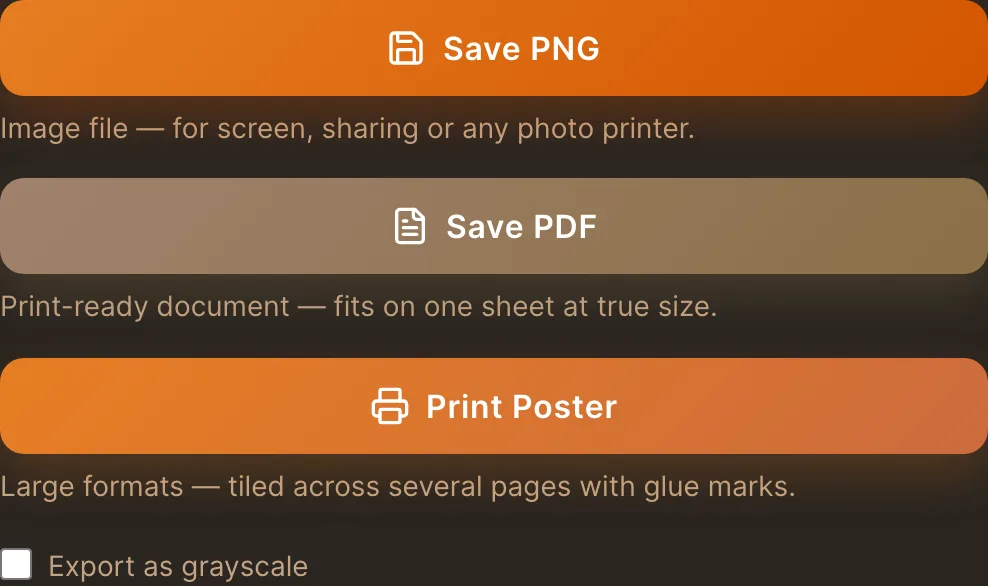 The export row of the tool: Save PNG, Save PDF and Print Poster buttons with usage captions, dark theme