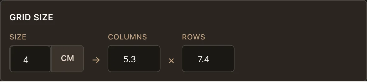 The grid size control: 4 cm cells on an A4 sheet yield 5.3 columns by 7.4 rows, dark theme