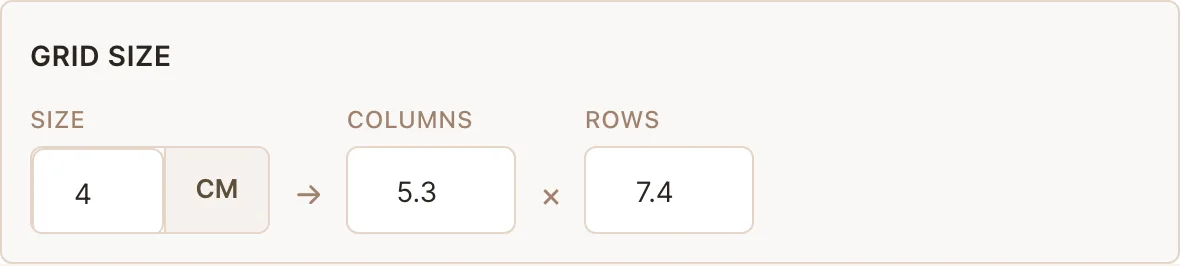 The grid size control: 4 cm cells on an A4 sheet yield 5.3 columns by 7.4 rows