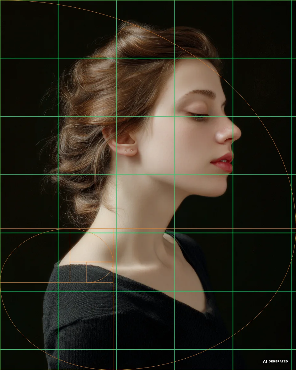 The golden spiral composition overlay on a portrait reference above the drawing grid, dark theme