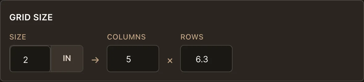 The grid size control with 2-inch cells recomputing to fractional columns and rows, dark theme