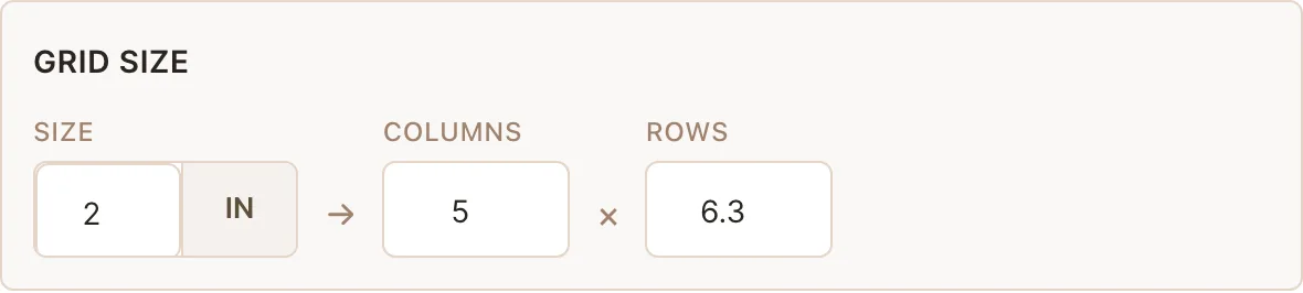 The grid size control with 2-inch cells recomputing to fractional columns and rows