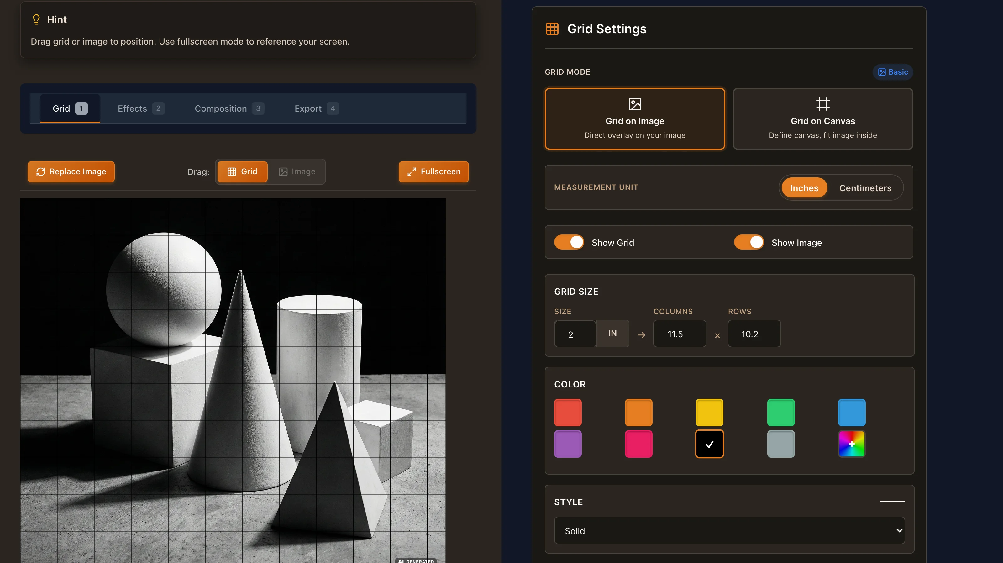 The free online grid maker in dark mode with a reference photo, a drawing grid in inches and the grid settings panel