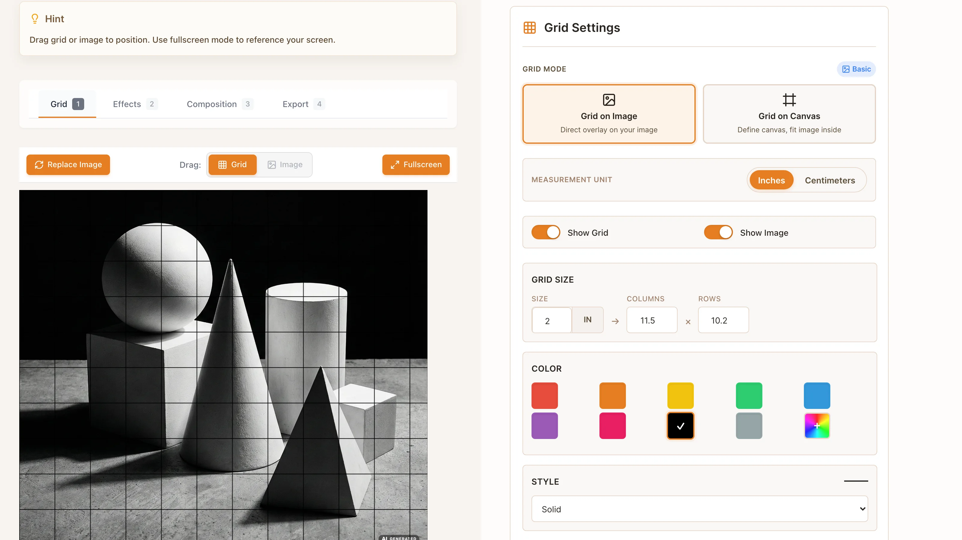 The free online grid maker with a reference photo, a drawing grid in inches and the grid settings panel