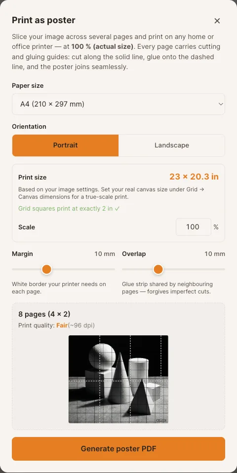 Multi-page poster print preview with cut and glue guides in the free online grid maker